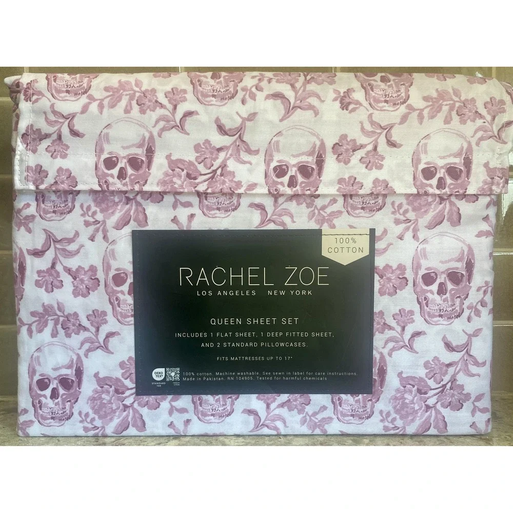 Rachel Zoe Halloween 2025 Skull Floral 100% Cotton King Sheet Set PINK NEW